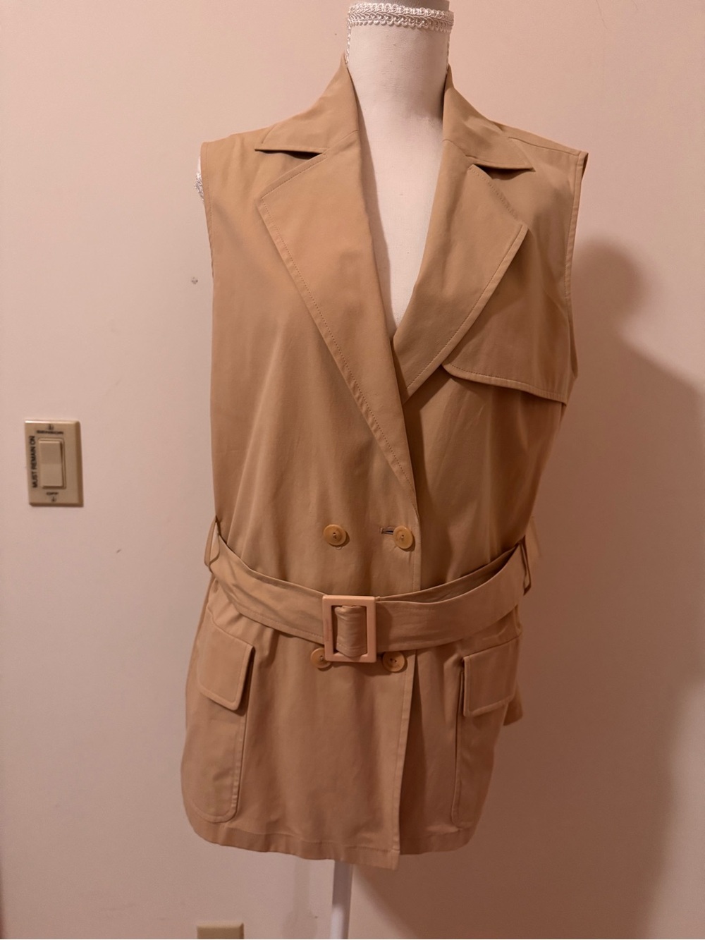Sleeveless Belted Trench Vest in Khaki